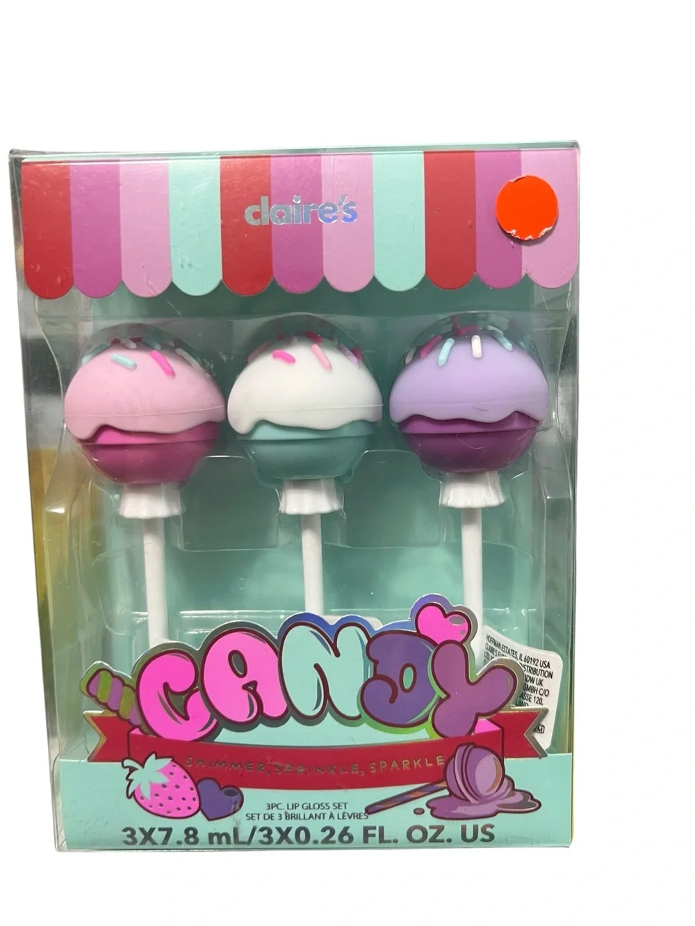 Claire's Pastel Candy Lollipop Lip Gloss Trio - Pink, White, Lavender